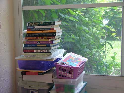 book pile on patio